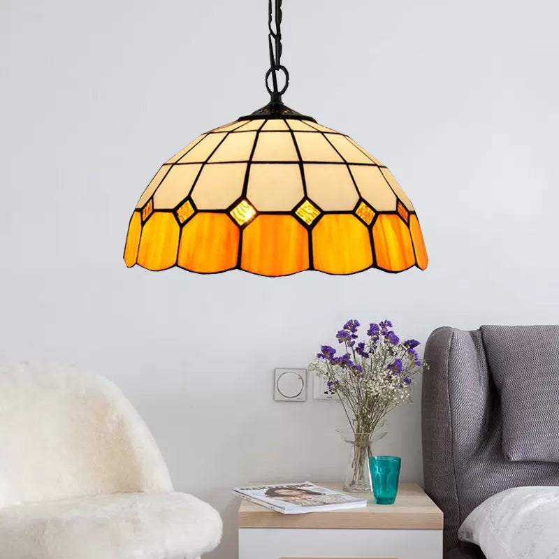 Beige/Orange/Blue Dome Hanging Pendant Light Tiffany 1 Bulb Stained Art Glass Ceiling Hang Fixture for Living Room, 8