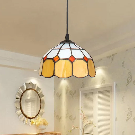 Beige/Orange/Blue Dome Hanging Pendant Light Tiffany 1 Bulb Stained Art Glass Ceiling Hang Fixture for Living Room, 8