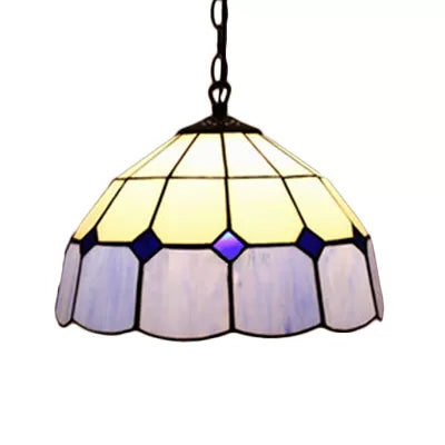 Beige/Orange/Blue Dome Hanging Pendant Light Tiffany 1 Bulb Stained Art Glass Ceiling Hang Fixture for Living Room, 8