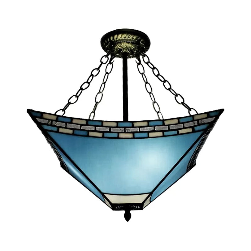 Bedroom Ceiling Lights Tiffany, 3-Lights Pyramid Semi Flush Light with Chain and Stained Glass Shade, 18