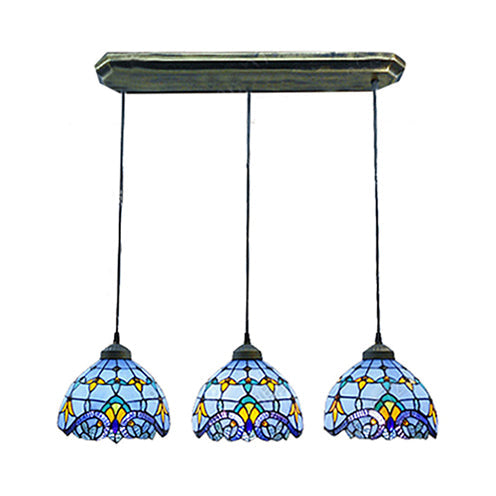 Victorian Dome Pendant Light Stained Glass 3 Heads Linear/Round Hanging Light in White/Blue for Dining Room Clearhalo 'Ceiling Lights' 'Chandeliers' 'Industrial' 'Middle Century Pendants' 'Pendant Lights' 'Pendants' 'Tiffany close to ceiling' 'Tiffany Pendants' 'Tiffany' Lighting' 100239