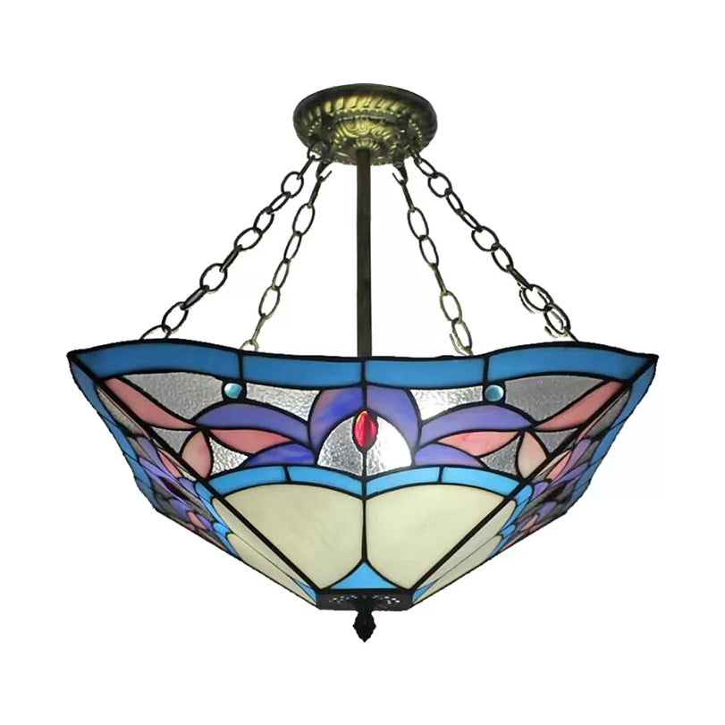 Bedroom Ceiling Lights Tiffany, 3-Lights Pyramid Semi Flush Light with Chain and Stained Glass Shade, 18