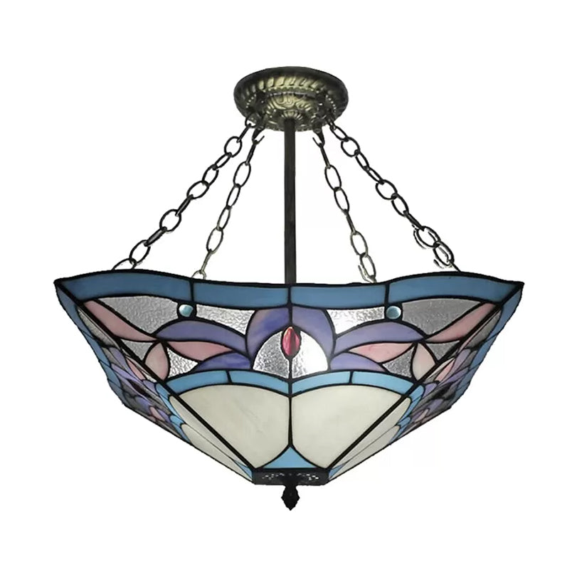 Bedroom Ceiling Lights Tiffany, 3-Lights Pyramid Semi Flush Light with Chain and Stained Glass Shade, 18