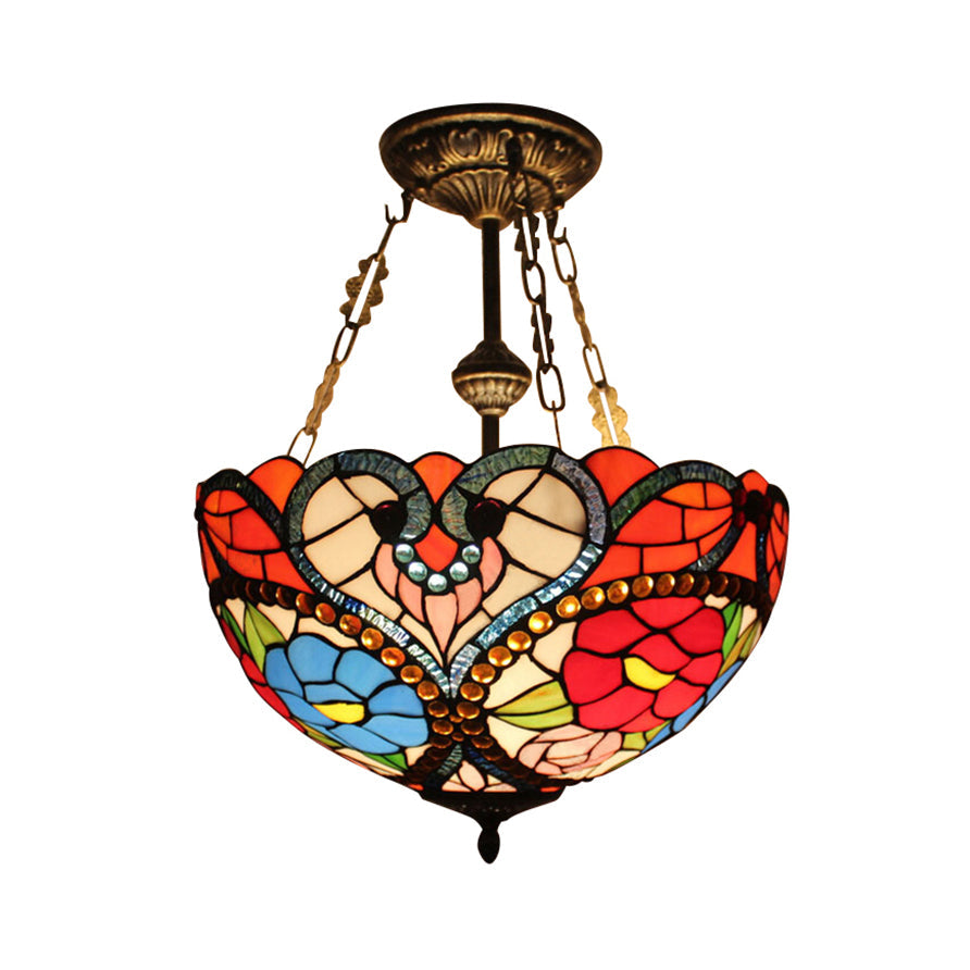 Stained Glass Ceiling Light, Victorian Domed Semi Flush Mount Lighting with Rod and Flower Pattern Red 16