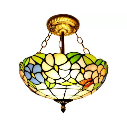 Bedroom Ceiling Lights LED, Victorian Floral Semi Flush Light with Chain and Stained Glass Shade, 12