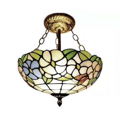 Bedroom Ceiling Lights LED, Victorian Floral Semi Flush Light with Chain and Stained Glass Shade, 12