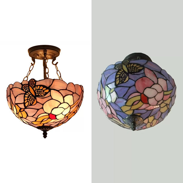 Bedroom Ceiling Lights LED, Victorian Floral Semi Flush Light with Chain and Stained Glass Shade, 12