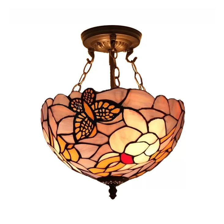 Bedroom Ceiling Lights LED, Victorian Floral Semi Flush Light with Chain and Stained Glass Shade, 12