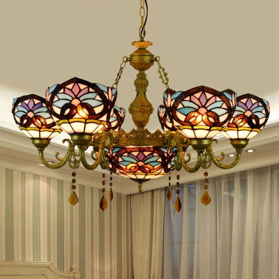 Stained Glass Bowl Shade Hanging Pendant Rustic 7 Lights Chandelier with Crystal in Blue for Bedroom Blue Clearhalo 'Ceiling Lights' 'Chandeliers' 'Industrial' 'Middle Century Chandeliers' 'Tiffany Chandeliers' 'Tiffany close to ceiling' 'Tiffany' Lighting' 100379