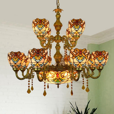 15 Lights Domed Hanging Lamp Victorian Stained Glass Crystal Chandelier Light in Brown for Living Room Brown Clearhalo 'Ceiling Lights' 'Chandeliers' 'Industrial' 'Middle Century Chandeliers' 'Tiffany Chandeliers' 'Tiffany close to ceiling' 'Tiffany' Lighting' 100424