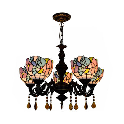 Country Scalloped Hanging Light Stained Glass 5 Heads Multicolored Chandelier for Living Room Clearhalo 'Ceiling Lights' 'Chandeliers' 'Industrial' 'Middle Century Chandeliers' 'Tiffany Chandeliers' 'Tiffany close to ceiling' 'Tiffany' Lighting' 100501