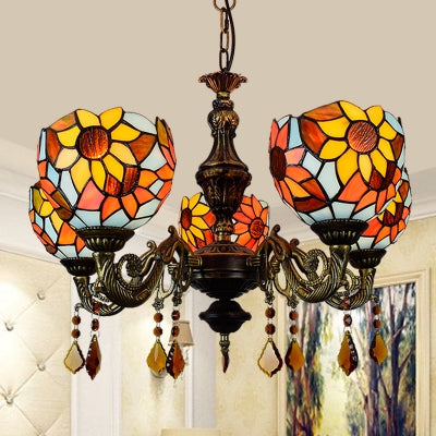 Lodge Dome Hanging Light Stained Glass 5 Heads Sunflower Chandelier with Crystal for Living Room Yellow-Blue Clearhalo 'Ceiling Lights' 'Chandeliers' 'Industrial' 'Middle Century Chandeliers' 'Tiffany Chandeliers' 'Tiffany close to ceiling' 'Tiffany' Lighting' 100512