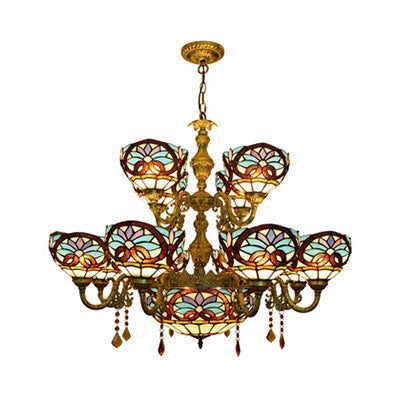 Rustic Bowl Inverted Chandelier Stained Glass 15 Heads Two-Tier Chandelier in Blue for Living Room Blue Clearhalo 'Ceiling Lights' 'Chandeliers' 'Close To Ceiling Lights' 'Industrial' 'Middle Century Chandeliers' 'Tiffany Chandeliers' 'Tiffany close to ceiling' 'Tiffany' Lighting' 100546