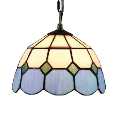 Bowl Pendant Light Single Bulb Stained Glass Tiffany-Style Hanging Lamp in Blue and White Blue-White Clearhalo 'Ceiling Lights' 'Chandeliers' 'Industrial' 'Middle Century Pendants' 'Pendant Lights' 'Pendants' 'Tiffany close to ceiling' 'Tiffany Pendants' 'Tiffany' Lighting' 100873