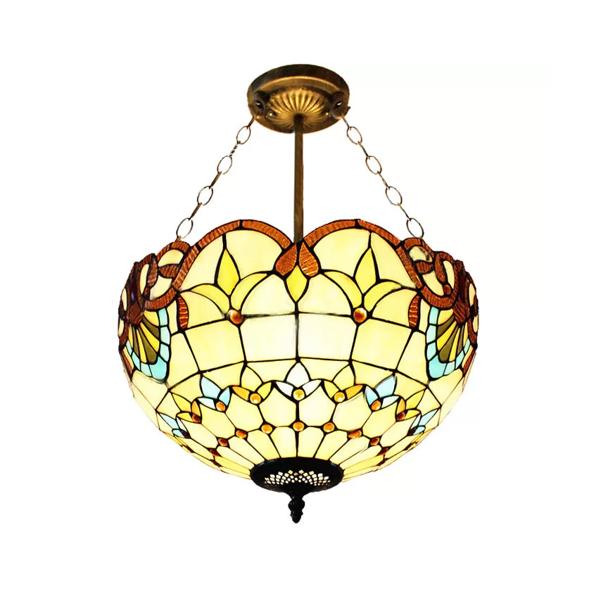 Bedroom Ceiling Lights LED, Upward Dome Semi Flush Light with Stained Glass Shade Victorian Style Beige 12