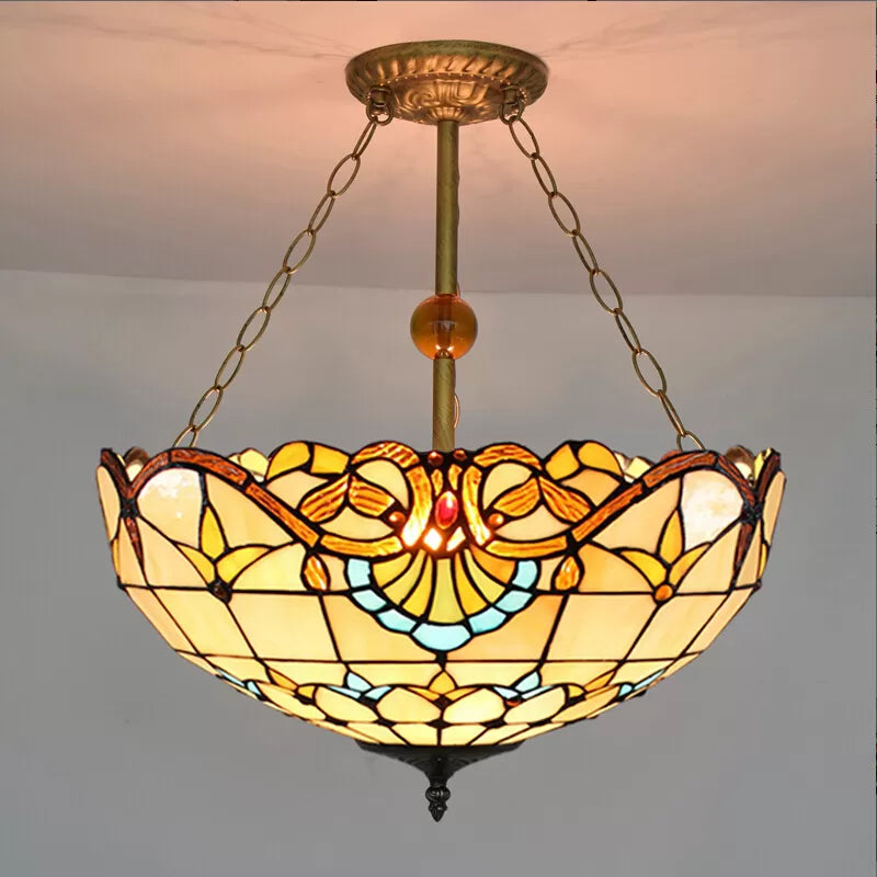 Bedroom Ceiling Lights LED, Upward Dome Semi Flush Light with Stained Glass Shade Victorian Style Beige 16