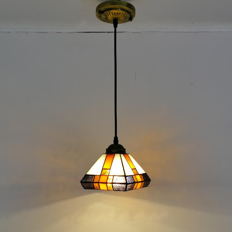 Geometric Stained Glass Ceiling Lamp Tiffany Single Light Brown Pendant Lighting Fixture for Dining Room Clearhalo 'Ceiling Lights' 'Industrial' 'Middle Century Pendants' 'Pendant Lights' 'Pendants' 'Tiffany close to ceiling' 'Tiffany Pendants' 'Tiffany' Lighting' 101191