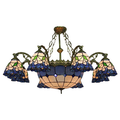 9 Lights Flared Suspension Light Vintage Stained Glass Chandelier Lamp with Center Bowl Shade in Blue Blue Clearhalo 'Ceiling Lights' 'Chandeliers' 'Industrial' 'Middle Century Chandeliers' 'Tiffany Chandeliers' 'Tiffany close to ceiling' 'Tiffany' Lighting' 101248