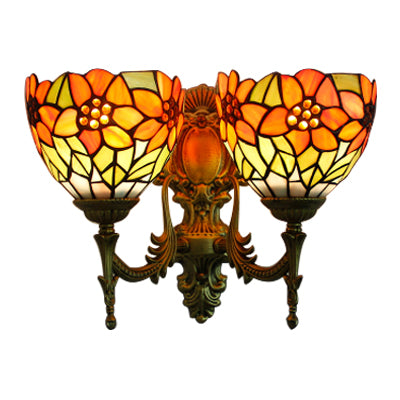 Rustic Bowl-Shaped Wall Lighting Stained Glass 2 Lights Wall Sconce Lighting with Sunflower Pattern in Orange Clearhalo 'Industrial' 'Middle century wall lights' 'Tiffany wall lights' 'Tiffany' 'Wall Lamps & Sconces' 'Wall Lights' Lighting' 101452