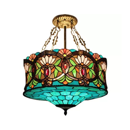 Living Room Ceiling Light LED, Stained Glass Drum Lighting Baroque Style, 18