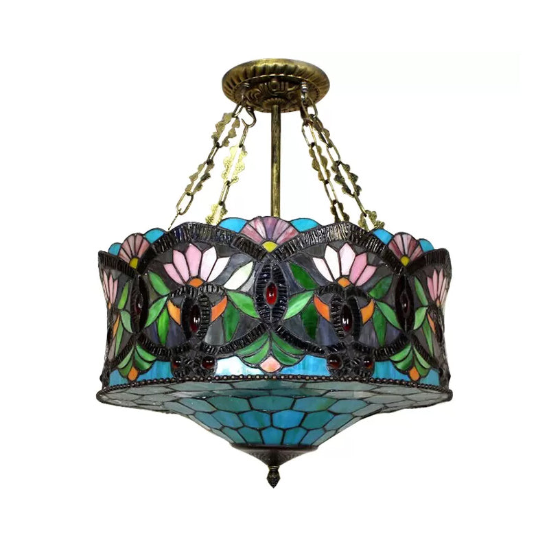 Living Room Ceiling Light LED, Stained Glass Drum Lighting Baroque Style, 18