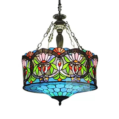 Living Room Ceiling Light LED, Stained Glass Drum Lighting Baroque Style, 18