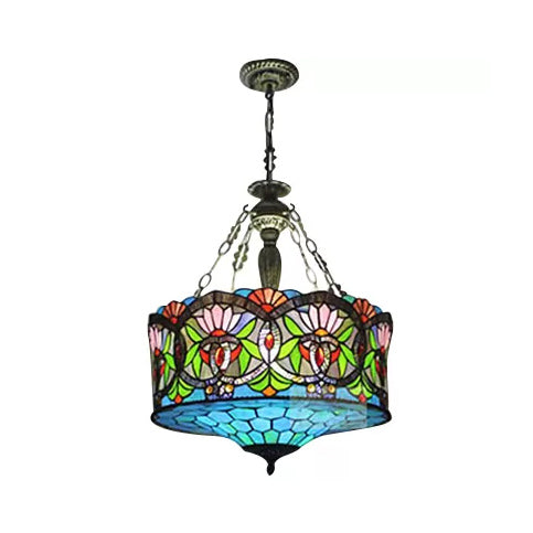 Living Room Ceiling Light LED, Stained Glass Drum Lighting Baroque Style, 18