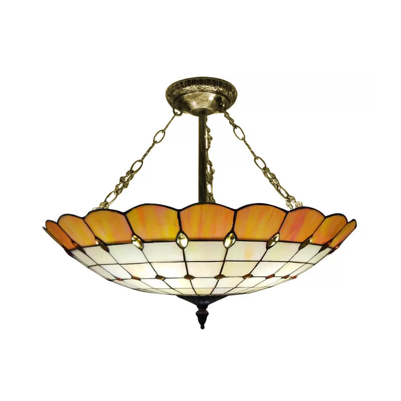 Bedroom Ceiling Light Glass, 4-Light Domed Semi Flush Mount Lighting in Antique Copper Tiffany Style, 8