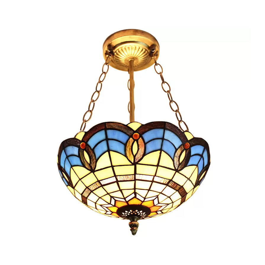 Stained Glass Ceiling Light for Bedroom with Chain, Bowl Semi Flush Mount Lighting Baroque Style Blue 12