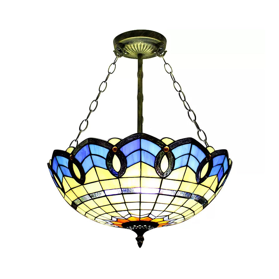 Stained Glass Ceiling Light for Bedroom with Chain, Bowl Semi Flush Mount Lighting Baroque Style Blue 16