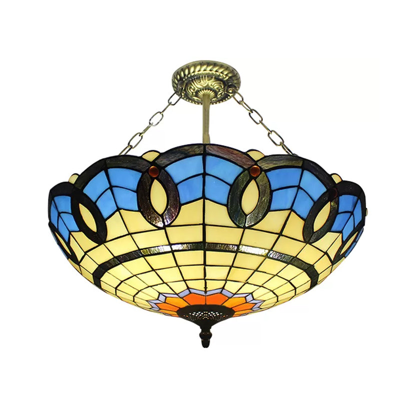 Stained Glass Ceiling Light for Bedroom with Chain, Bowl Semi Flush Mount Lighting Baroque Style Blue 19.5