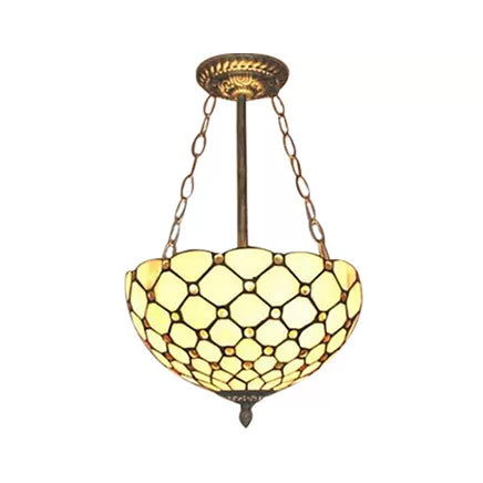 Bedroom Ceiling Light LED, Jeweled Semi Flush Mount Lighting in Antique Brass with Chain and Art Glass Shade Tiffany Style Beige 12