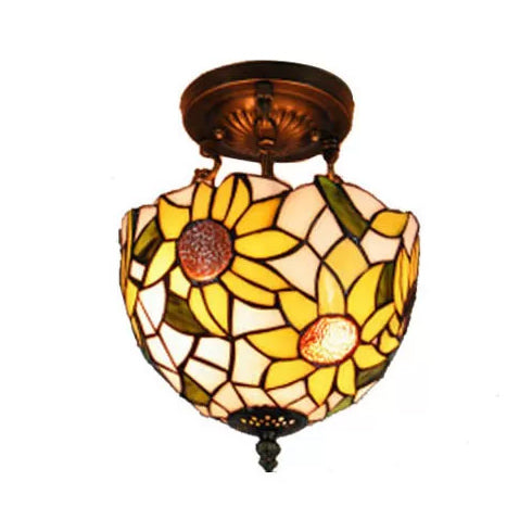 Bedroom Ceiling Light Tiffany, Sunflower Semi Flush Light with Rod and Stained Glass Shade Rust 8