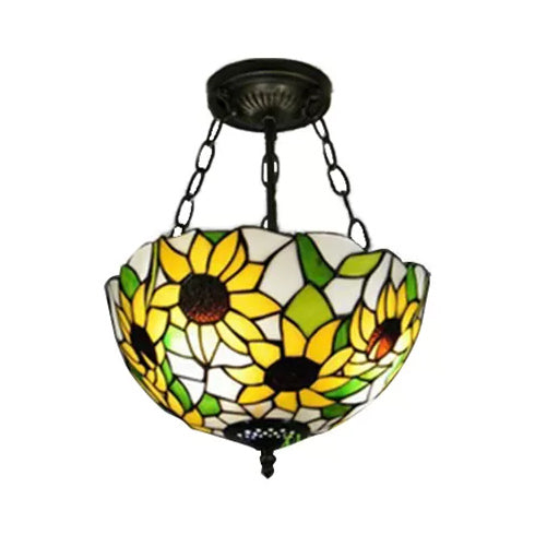 Bedroom Ceiling Light Tiffany, Sunflower Semi Flush Light with Rod and Stained Glass Shade Black 12