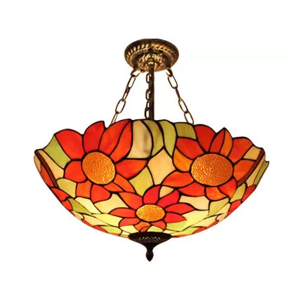 Bedroom Ceiling Light Tiffany, Sunflower Semi Flush Light with Rod and Stained Glass Shade Antique Brass 16