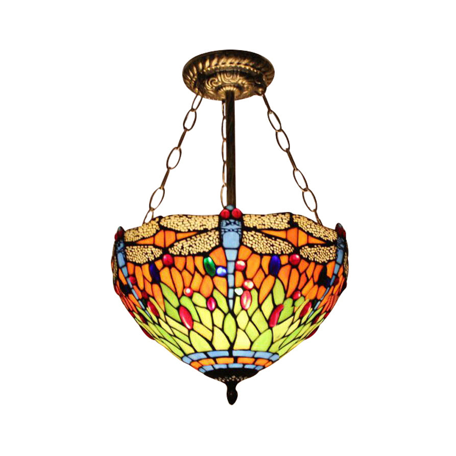 Baroque Style Ceiling Lighting LED, Dragonfly Semi Flush Light in Aged Brass with Stained Glass Shade for Bedroom Orange 12