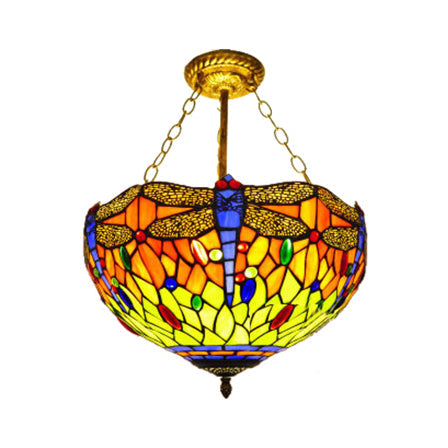 Baroque Style Ceiling Lighting LED, Dragonfly Semi Flush Light in Aged Brass with Stained Glass Shade for Bedroom Orange 16