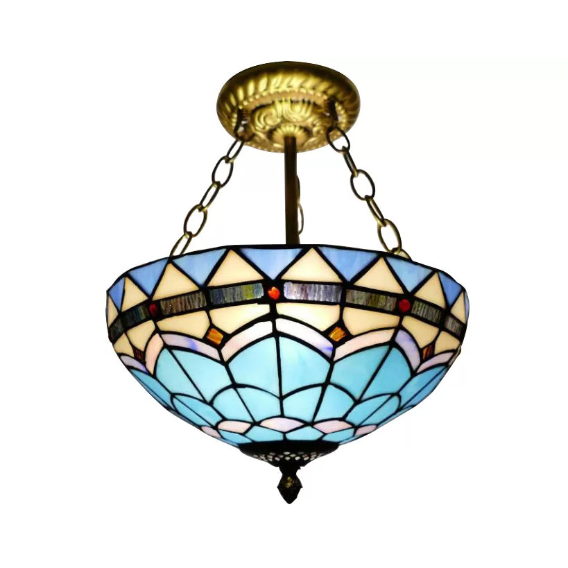 Stained Glass Ceiling Lighting, Tiffany Blue Bowl Semi Flush Light in Antique Brass with Rod Blue 12