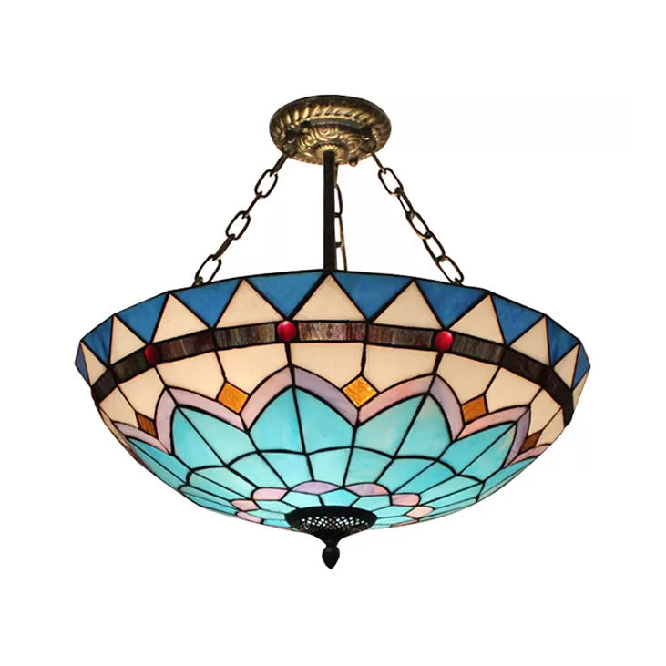 Stained Glass Ceiling Lighting, Tiffany Blue Bowl Semi Flush Light in Antique Brass with Rod Blue 23.5