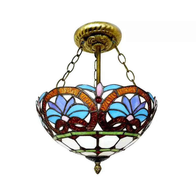 Bedroom Ceiling Light LED, Inverted Bowl Semi Flush Light in Antique Brass Victorian Style Clearhalo 'Ceiling Lights' 'Close To Ceiling Lights' 'Close to ceiling' 'Glass shade' 'Glass' 'Semi-flushmount' 'Tiffany close to ceiling' 'Tiffany' Lighting' 10255