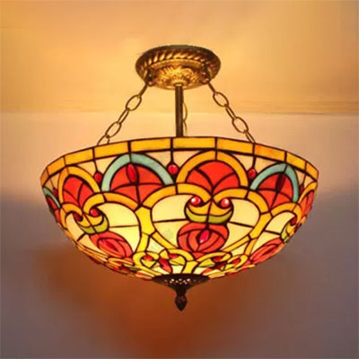 Stained Glass Ceiling Light Fixture, Semi Flush Mount Lighting for Bedroom Baroque Style Brass Clearhalo 'Ceiling Lights' 'Close To Ceiling Lights' 'Close to ceiling' 'Glass shade' 'Glass' 'Island Lights' 'Semi-flushmount' 'Tiffany close to ceiling' 'Tiffany' Lighting' 10263