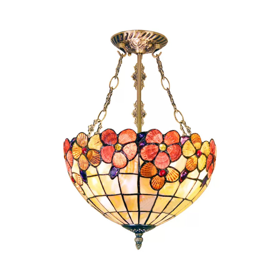 Bedroom Ceiling Lighting LED, Floral Semi Flush Light in Aged Brass with Rod and Art Glass Shade Tiffany Style Clearhalo 'Ceiling Lights' 'Close To Ceiling Lights' 'Close to ceiling' 'Semi-flushmount' 'Tiffany close to ceiling' 'Tiffany' Lighting' 10265