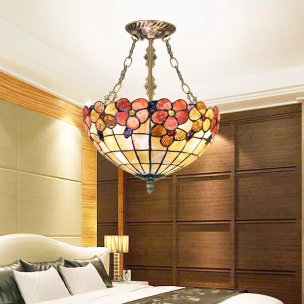 Bedroom Ceiling Lighting LED, Floral Semi Flush Light in Aged Brass with Rod and Art Glass Shade Tiffany Style Clearhalo 'Ceiling Lights' 'Close To Ceiling Lights' 'Close to ceiling' 'Semi-flushmount' 'Tiffany close to ceiling' 'Tiffany' Lighting' 10268