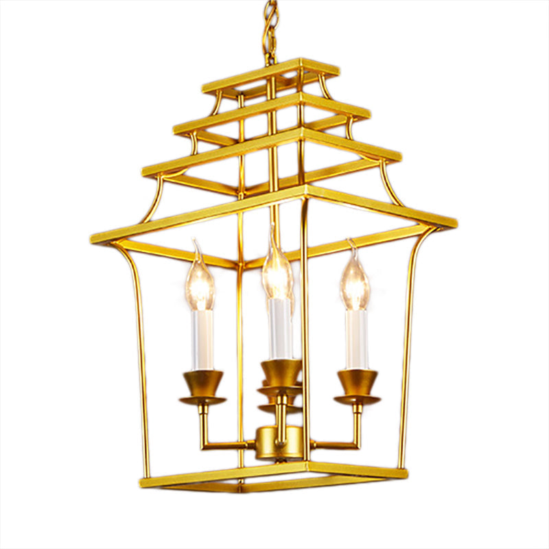 Golden Lantern Cage Hanging Lamp Vintage Stylish Metal 4 Lights Living Room Pendant Lighting Gold Clearhalo 'Cast Iron' 'Ceiling Lights' 'Chandeliers' 'Industrial Chandeliers' 'Industrial' 'Metal' 'Middle Century Chandeliers' 'Rustic Chandeliers' 'Tiffany' Lighting' 102768