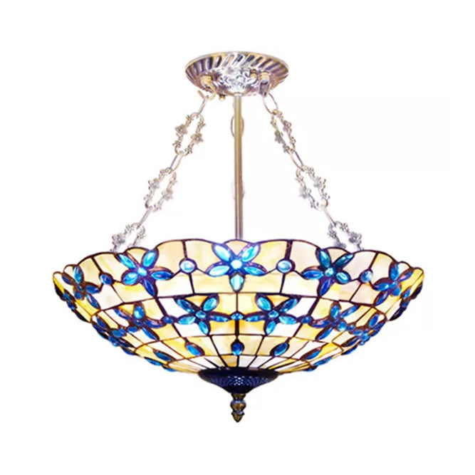 Stained Glass Ceiling Lighting with Rod, 5 Lights Large Domed Semi Flush Light in Antique Brass for Bedroom Tiffany Style Blue 19.5