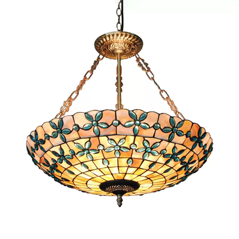 Stained Glass Ceiling Lighting with Rod, 5 Lights Large Domed Semi Flush Light in Antique Brass for Bedroom Tiffany Style Blue 23.5