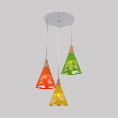 Vintage Style Conical Pendant Lamp 3 Heads Metal Ceiling Fixture with Cage Shade and Round Canopy in White White Clearhalo 'Ceiling Lights' 'Modern Pendants' 'Modern' 'Pendant Lights' 'Pendants' Lighting' 102983