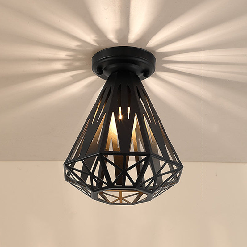 1-Light Flush Mount Ceiling Light Fixture Simple Small Diamond Cage Iron Flushmount in Black/White Black Clearhalo 'Ceiling Lights' 'Close To Ceiling Lights' 'Close to ceiling' 'Flush mount' Lighting' 1030357