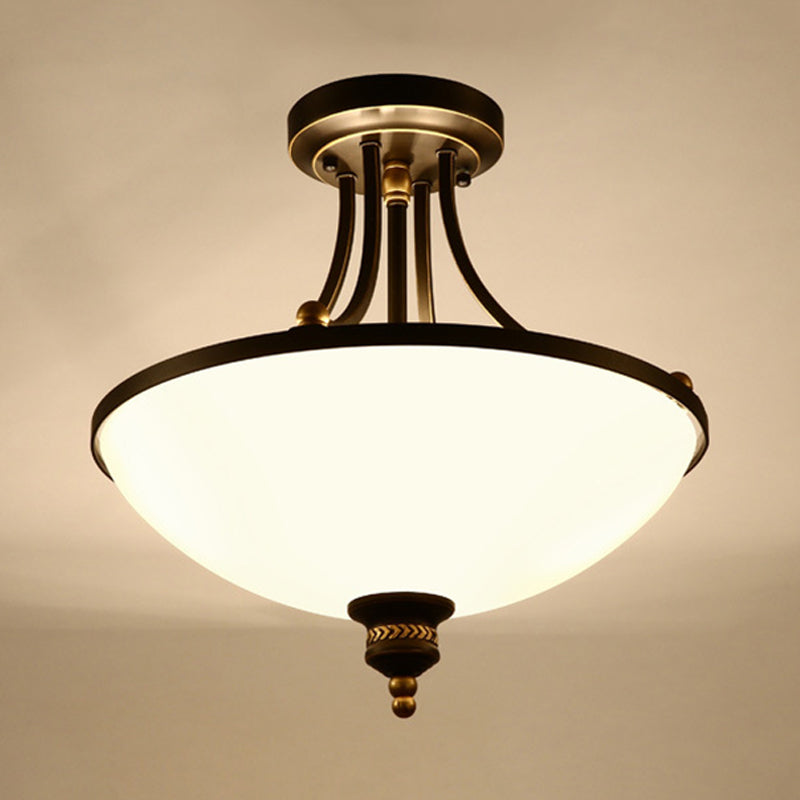 3 Bulbs Close to Ceiling Lighting Classic Bowl Shade Cream Glass Semi Flush Light Fixture in Black Clearhalo 'Ceiling Lights' 'Close To Ceiling Lights' 'Close to ceiling' 'Glass shade' 'Glass' 'Semi-flushmount' Lighting' 1030367