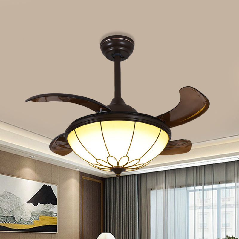 Rustic Dome Ceiling Fan Light 4-Blade White Glass LED Semi Flush Mount Lamp in Coffee, 20.5
